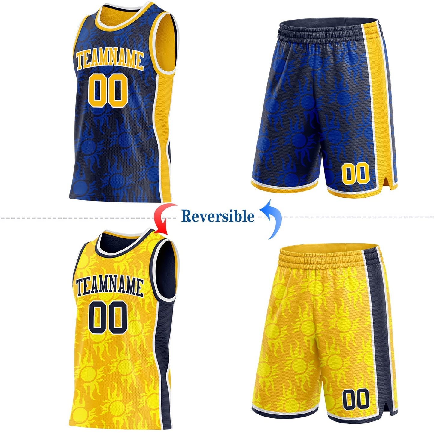 Custom Navy Gold-White Side Panel Stripe Sun Flame Reversible Double Side Sublimation Basketball Set Jersey view 2