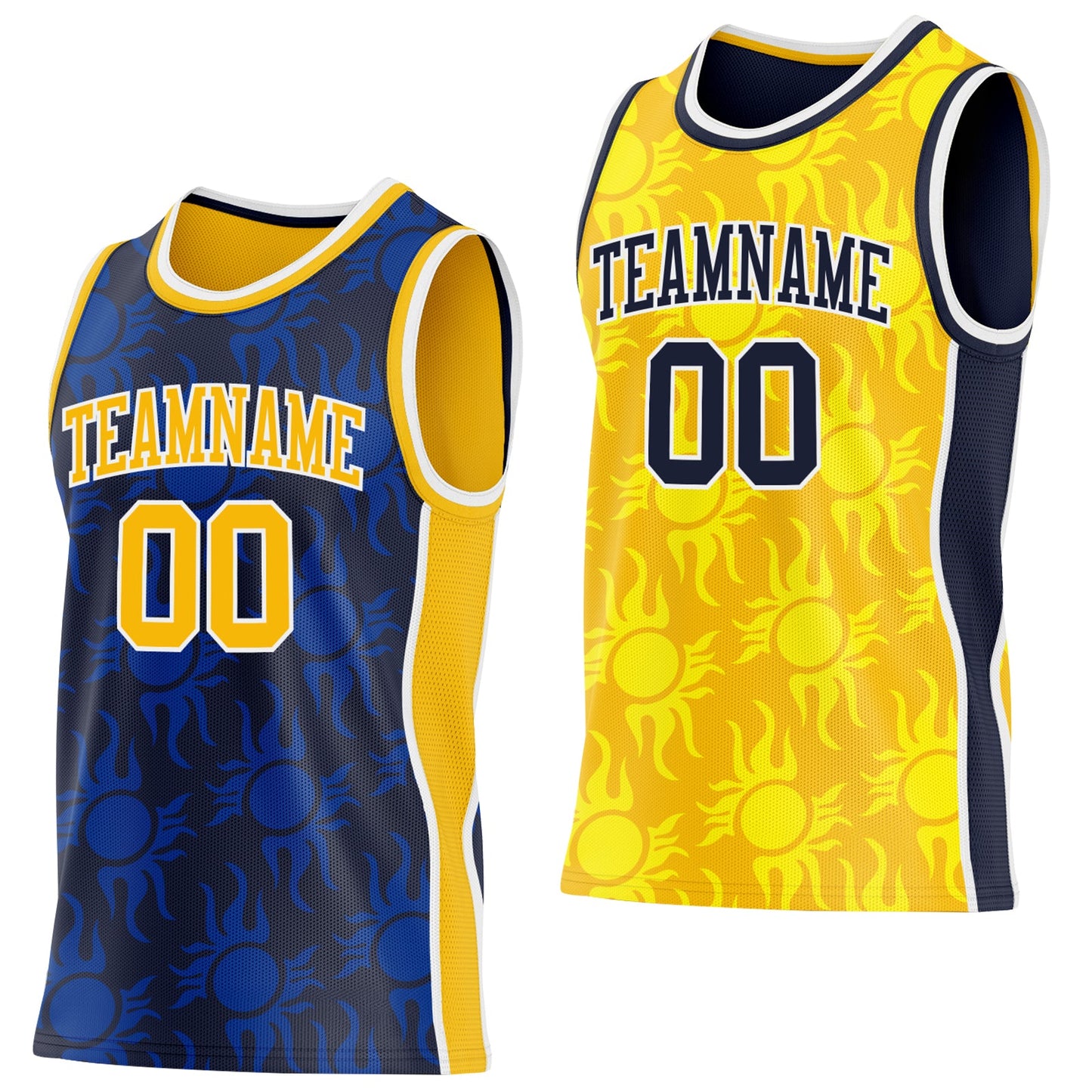 Custom Navy Gold-White Side Panel Stripe Sun Flame Reversible Double Side Sublimation Basketball Set Jersey - Main View