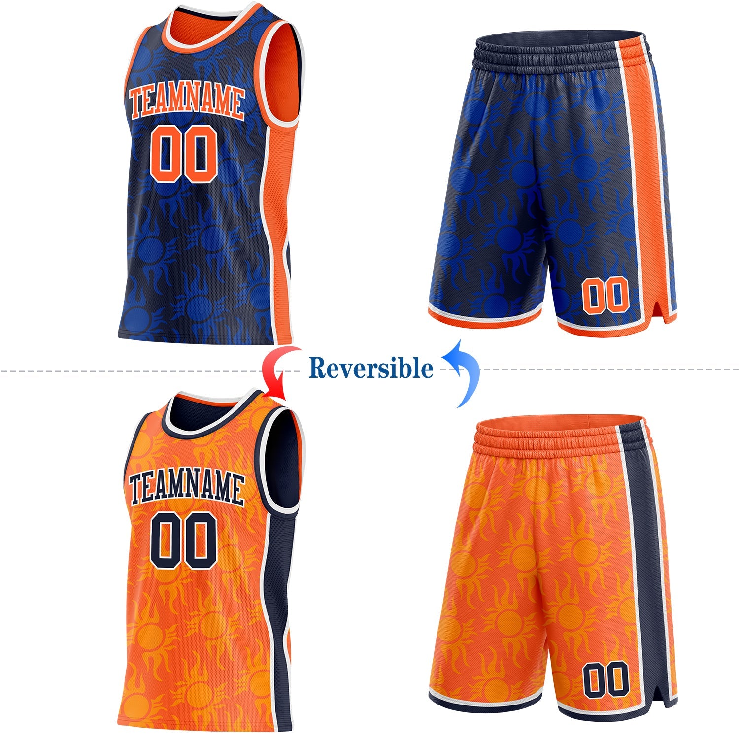 Custom Navy Orange-White Side Panel Stripe Sun Flame Reversible Double Side Sublimation Basketball Set Jersey view 2