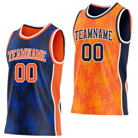 Custom Navy Orange-White Side Panel Stripe Sun Flame Reversible Double Side Sublimation Basketball Set Jersey - Main View