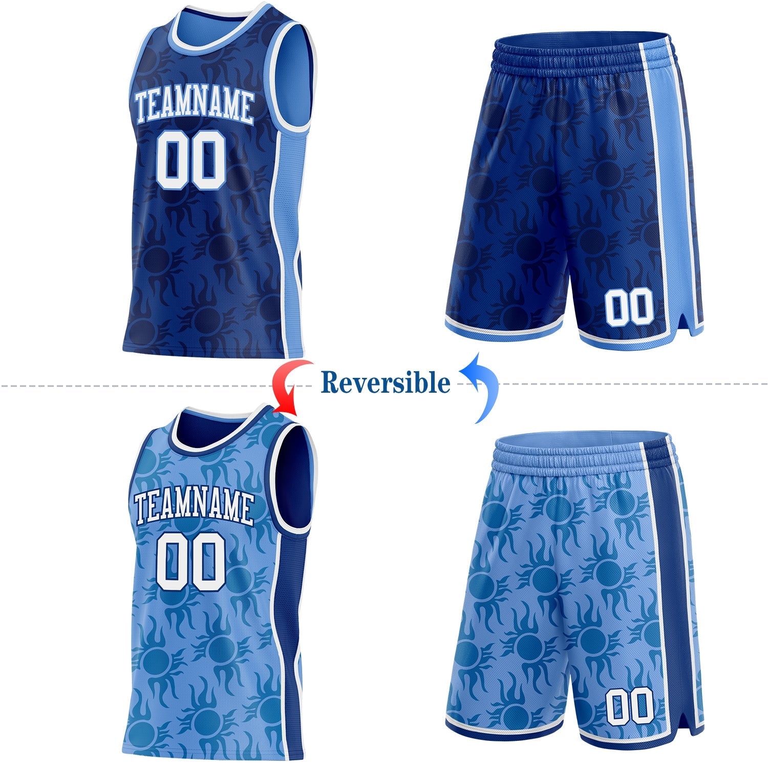 Custom Royal White-Light Blue Side Panel Stripe Sun Flame Reversible Double Side Sublimation Basketball Set Jersey view 2