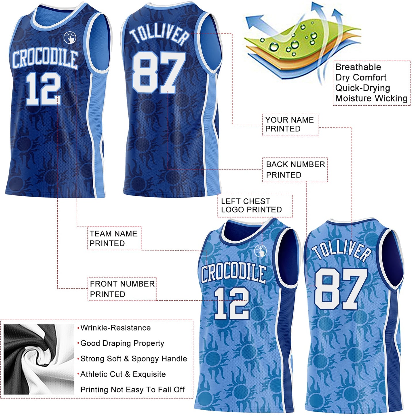 Custom Royal White-Light Blue Side Panel Stripe Sun Flame Reversible Double Side Sublimation Basketball Set Jersey view 3