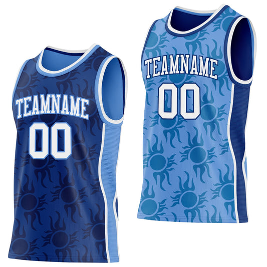 Custom Royal White-Light Blue Side Panel Stripe Sun Flame Reversible Double Side Sublimation Basketball Set Jersey - Main View