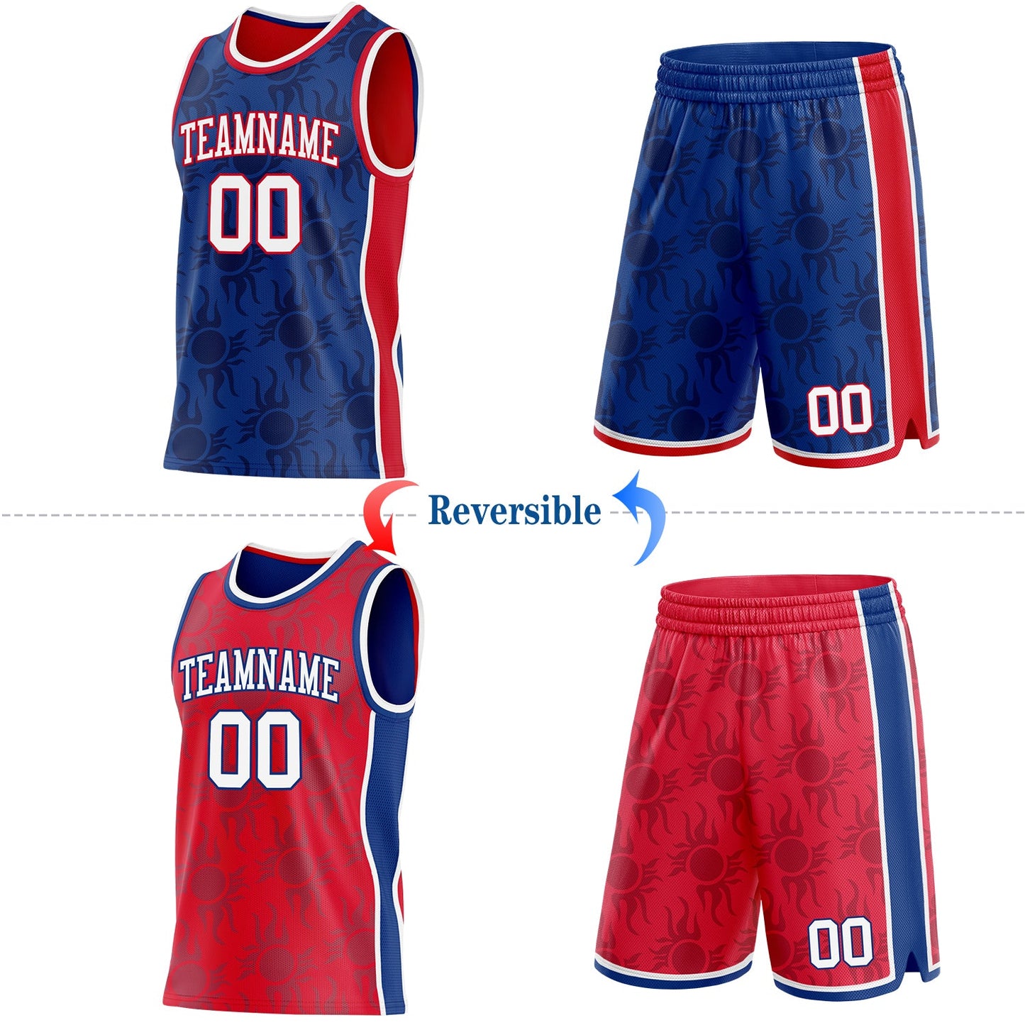 Custom Royal White-Red Side Panel Stripe Sun Flame Reversible Double Side Sublimation Basketball Set Jersey view 2