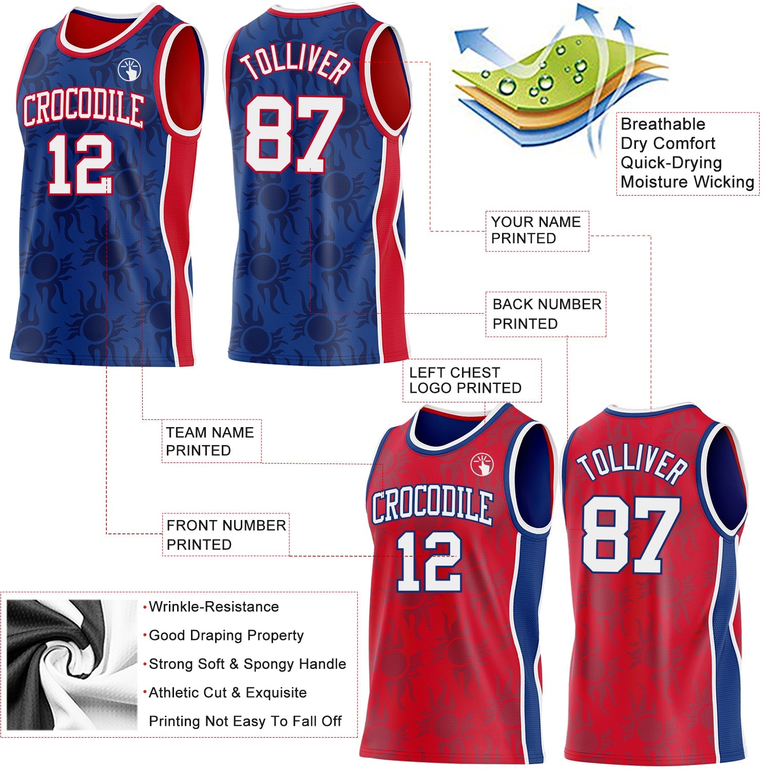 Custom Royal White-Red Side Panel Stripe Sun Flame Reversible Double Side Sublimation Basketball Set Jersey view 3