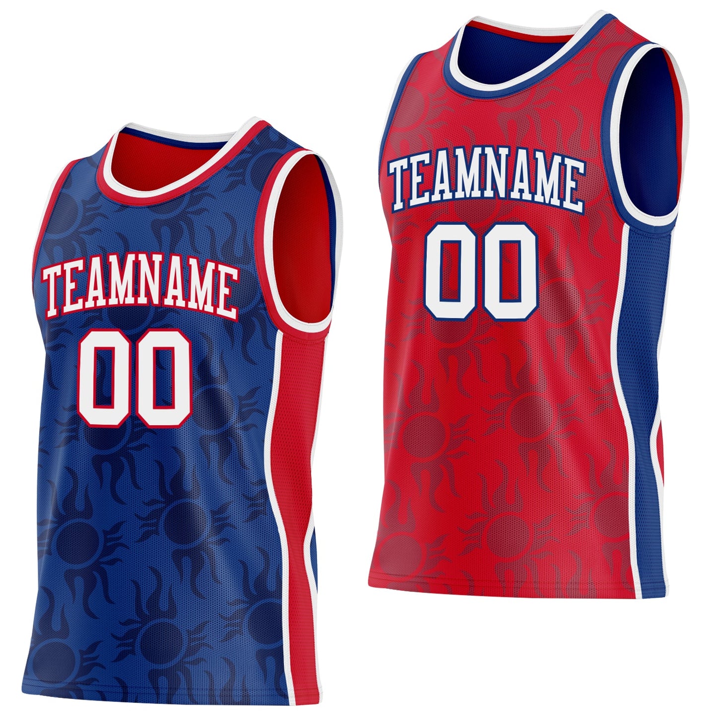 Custom Royal White-Red Side Panel Stripe Sun Flame Reversible Double Side Sublimation Basketball Set Jersey - Main View
