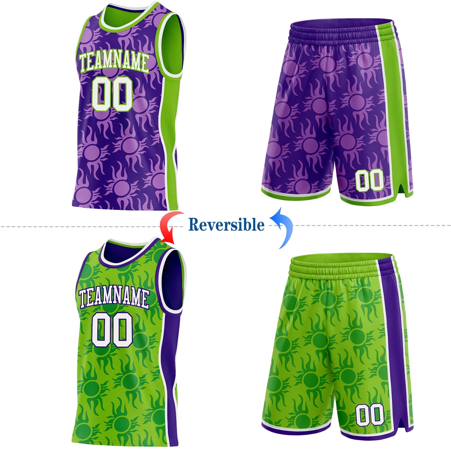 Custom Purple White-Neon Green Side Panel Stripe Sun Flame Reversible Double Side Sublimation Basketball Set Jersey view 2