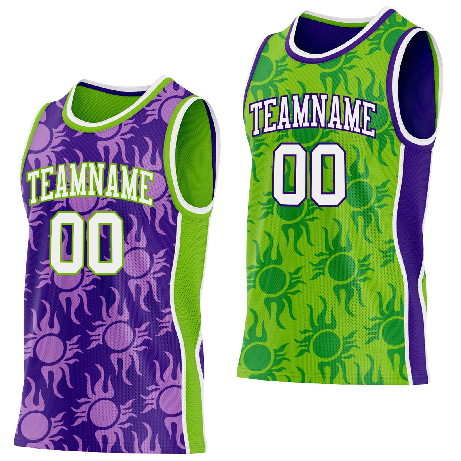 Custom Purple White-Neon Green Side Panel Stripe Sun Flame Reversible Double Side Sublimation Basketball Set Jersey - Main View