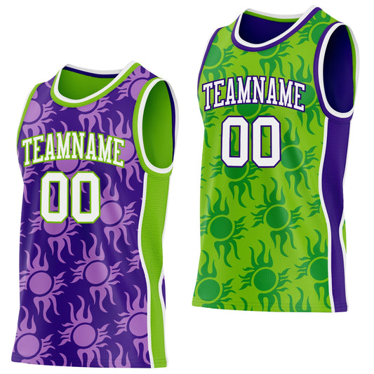 Custom Purple White-Neon Green Side Panel Stripe Sun Flame Reversible Double Side Sublimation Basketball Set Jersey - Main View
