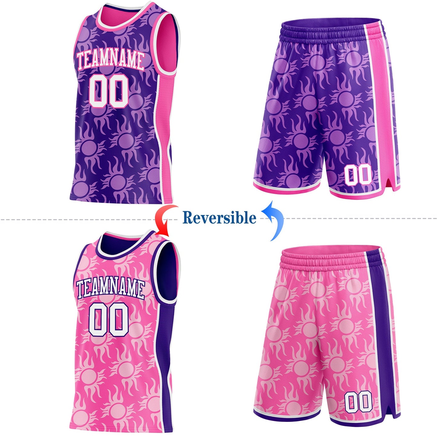 Custom Purple White-Pink Side Panel Stripe Sun Flame Reversible Double Side Sublimation Basketball Set Jersey view 2