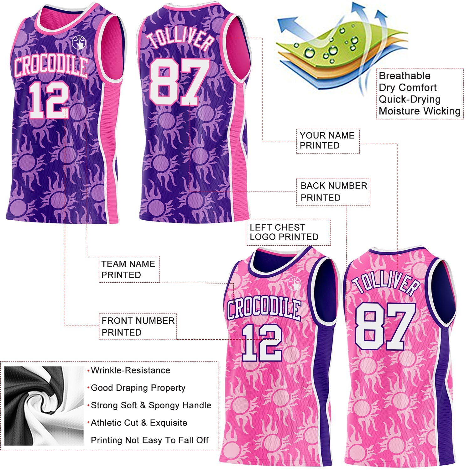 Custom Purple White-Pink Side Panel Stripe Sun Flame Reversible Double Side Sublimation Basketball Set Jersey view 3