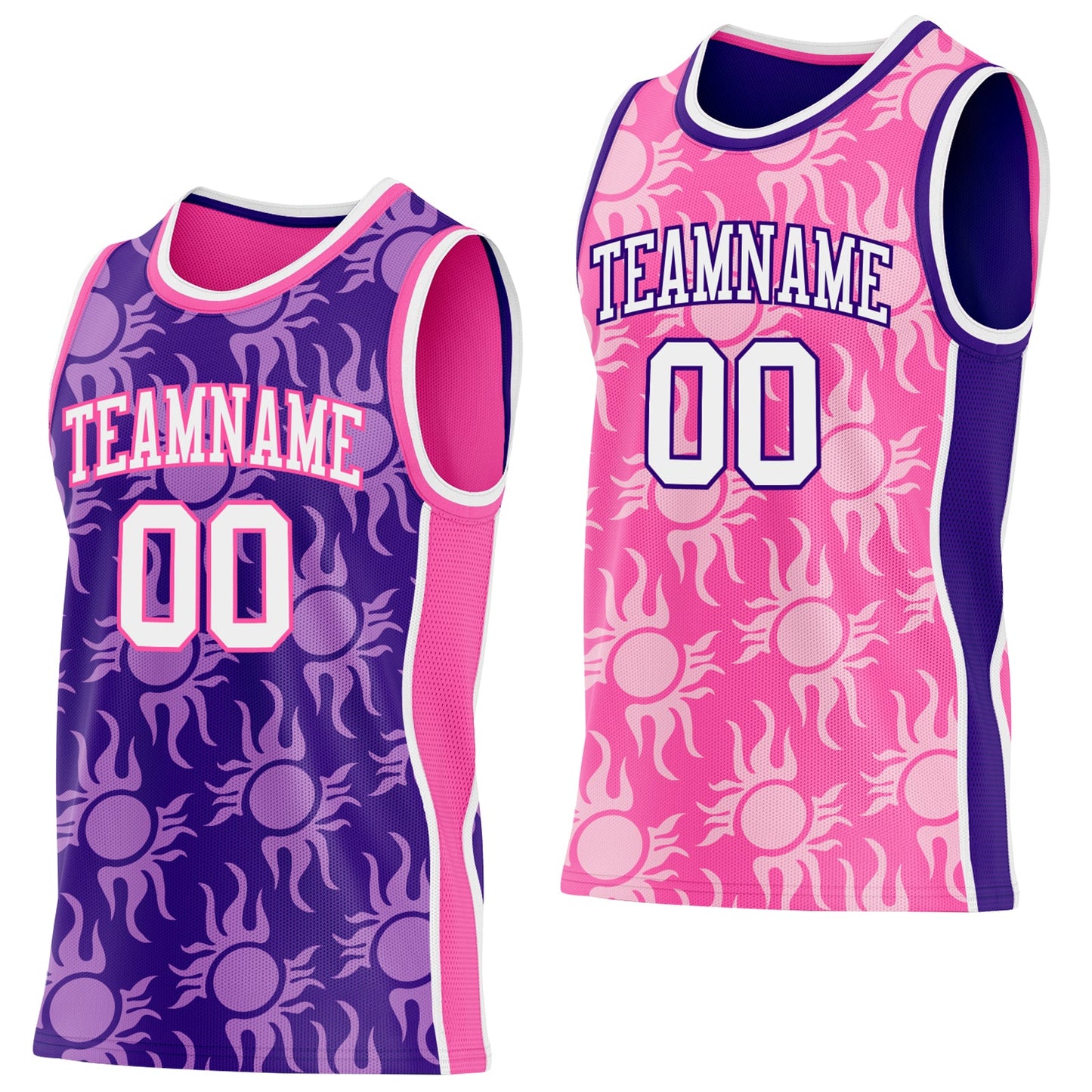 Custom Purple White-Pink Side Panel Stripe Sun Flame Reversible Double Side Sublimation Basketball Set Jersey - Main View