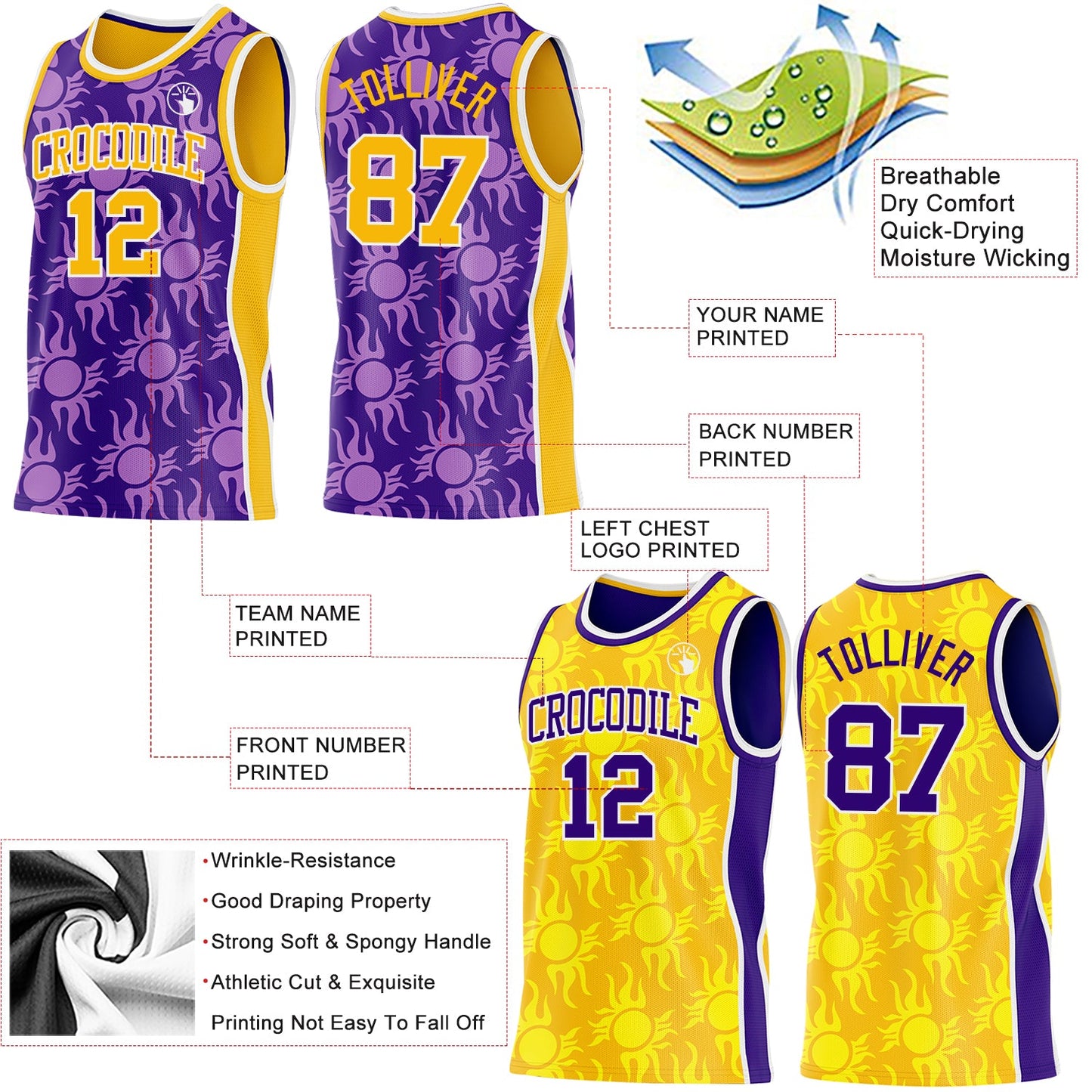 Custom Purple Gold-White Side Panel Stripe Sun Flame Reversible Double Side Sublimation Basketball Set Jersey view 3