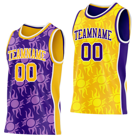 Custom Purple Gold-White Side Panel Stripe Sun Flame Reversible Double Side Sublimation Basketball Set Jersey - Main View