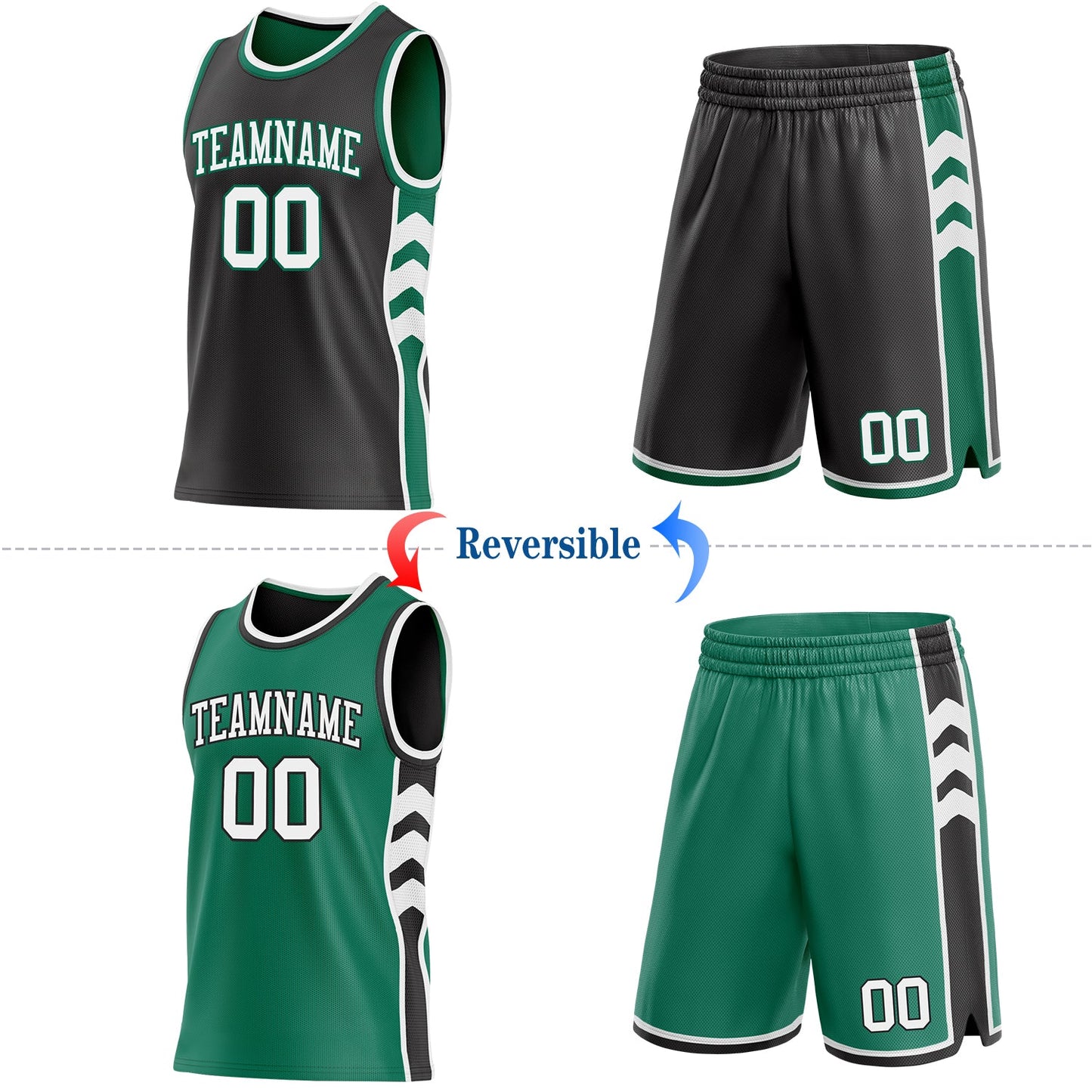 Custom Black White-Kelly Green Side Panel Geometric Chevron Reversible Double Side Sublimation Basketball Set Jersey view 2