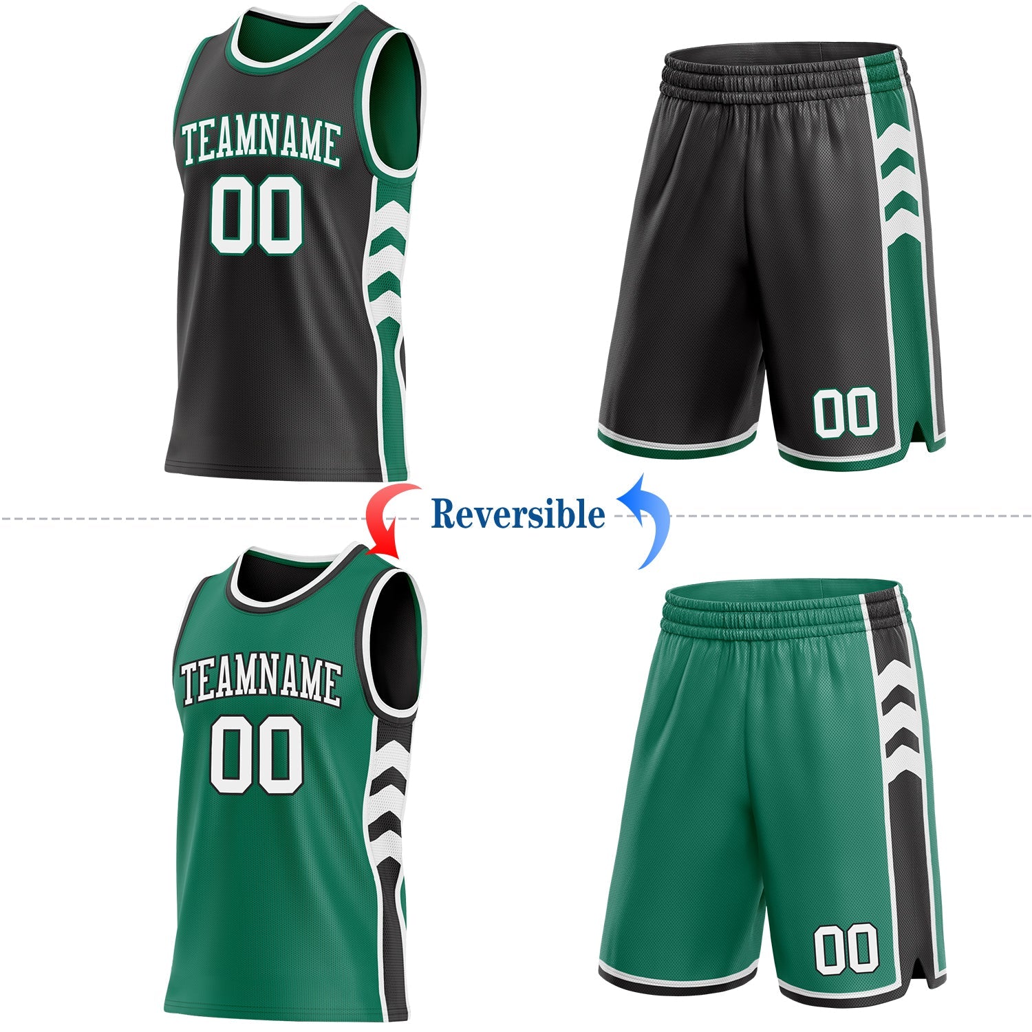 Custom Black White-Kelly Green Side Panel Geometric Chevron Reversible Double Side Sublimation Basketball Set Jersey view 2