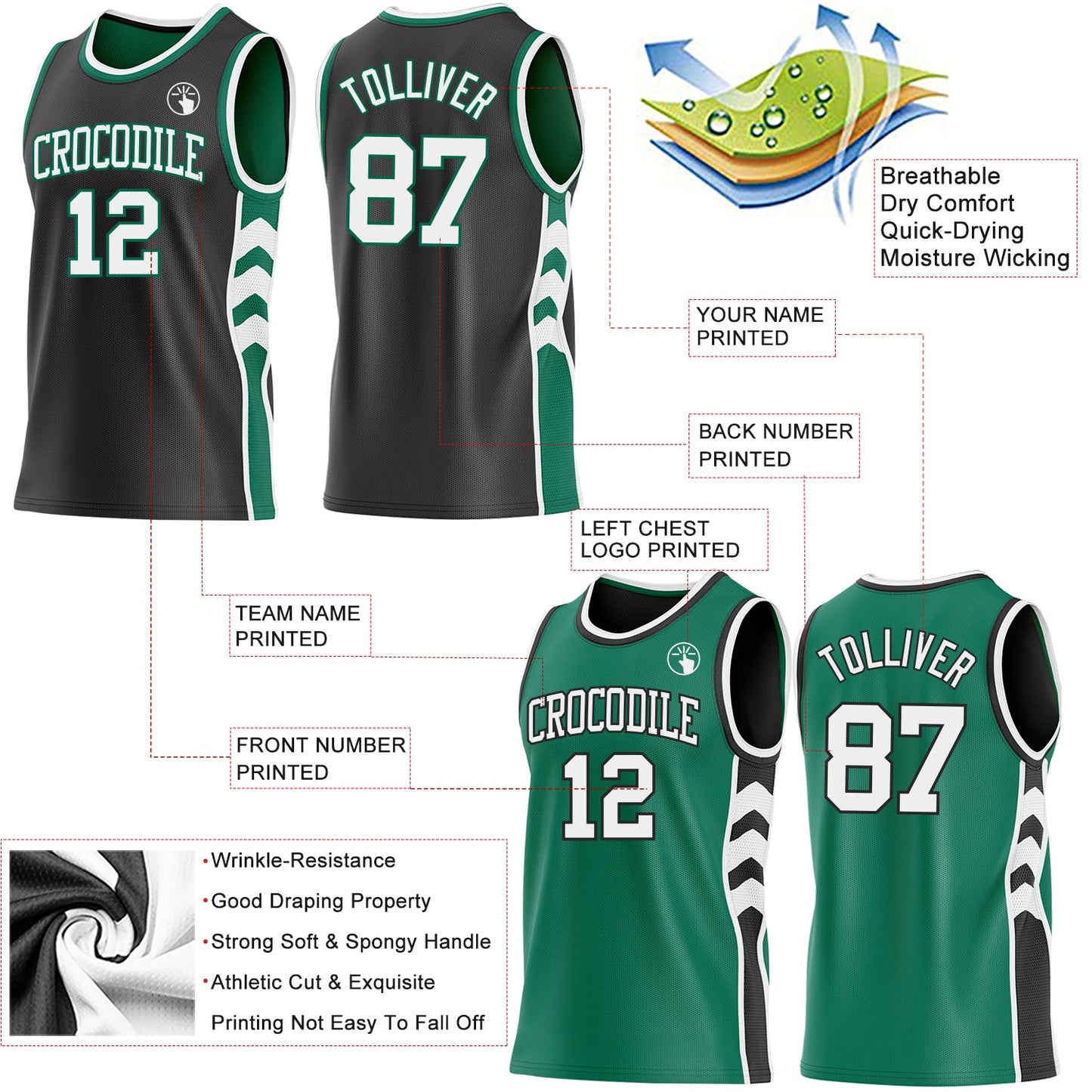 Custom Black White-Kelly Green Side Panel Geometric Chevron Reversible Double Side Sublimation Basketball Set Jersey view 3