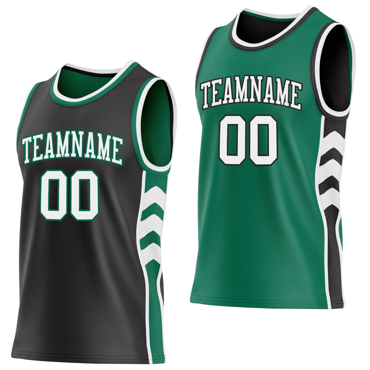 Custom Black White-Kelly Green Side Panel Geometric Chevron Reversible Double Side Sublimation Basketball Set Jersey - Main View