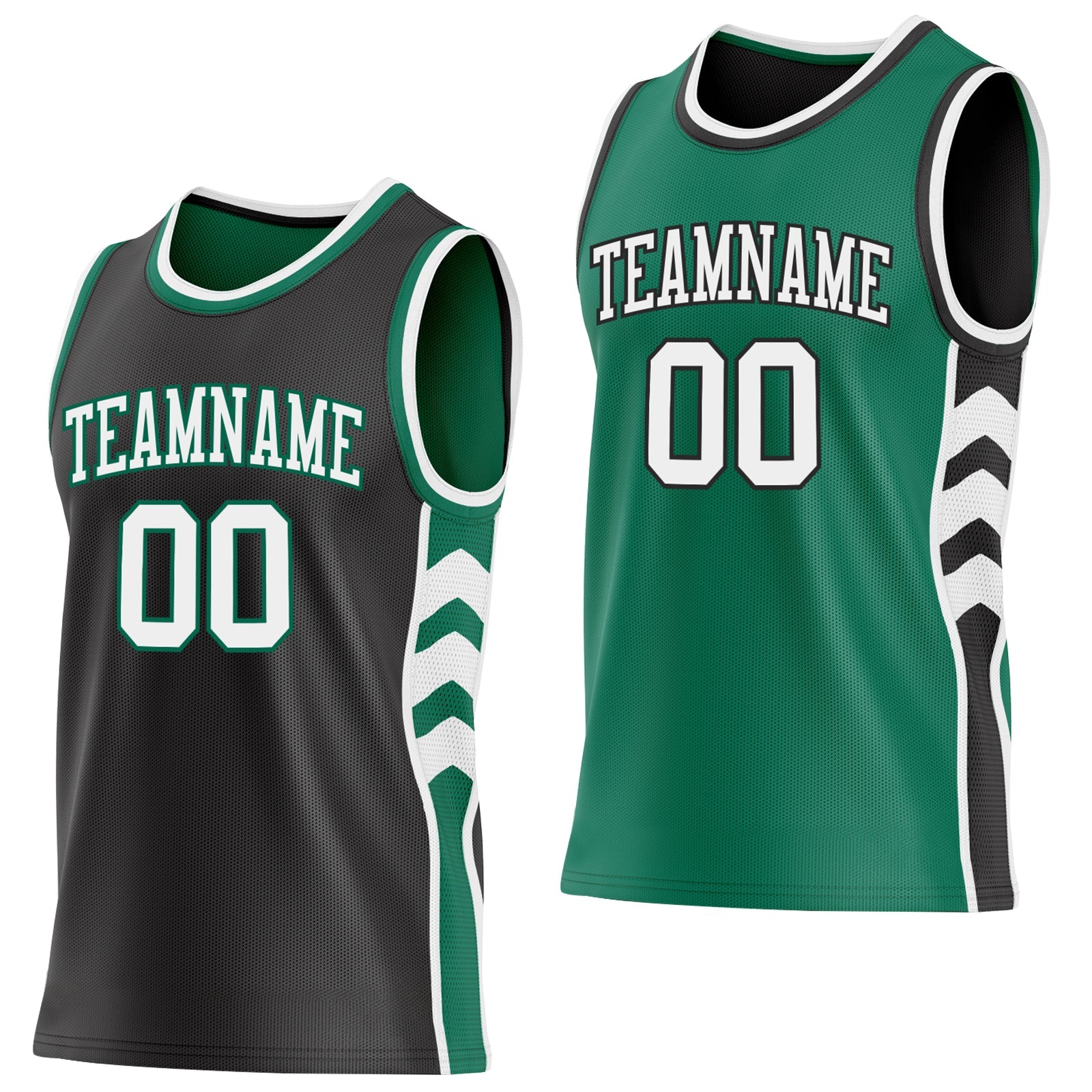 Custom Black White-Kelly Green Side Panel Geometric Chevron Reversible Double Side Sublimation Basketball Set Jersey - Main View