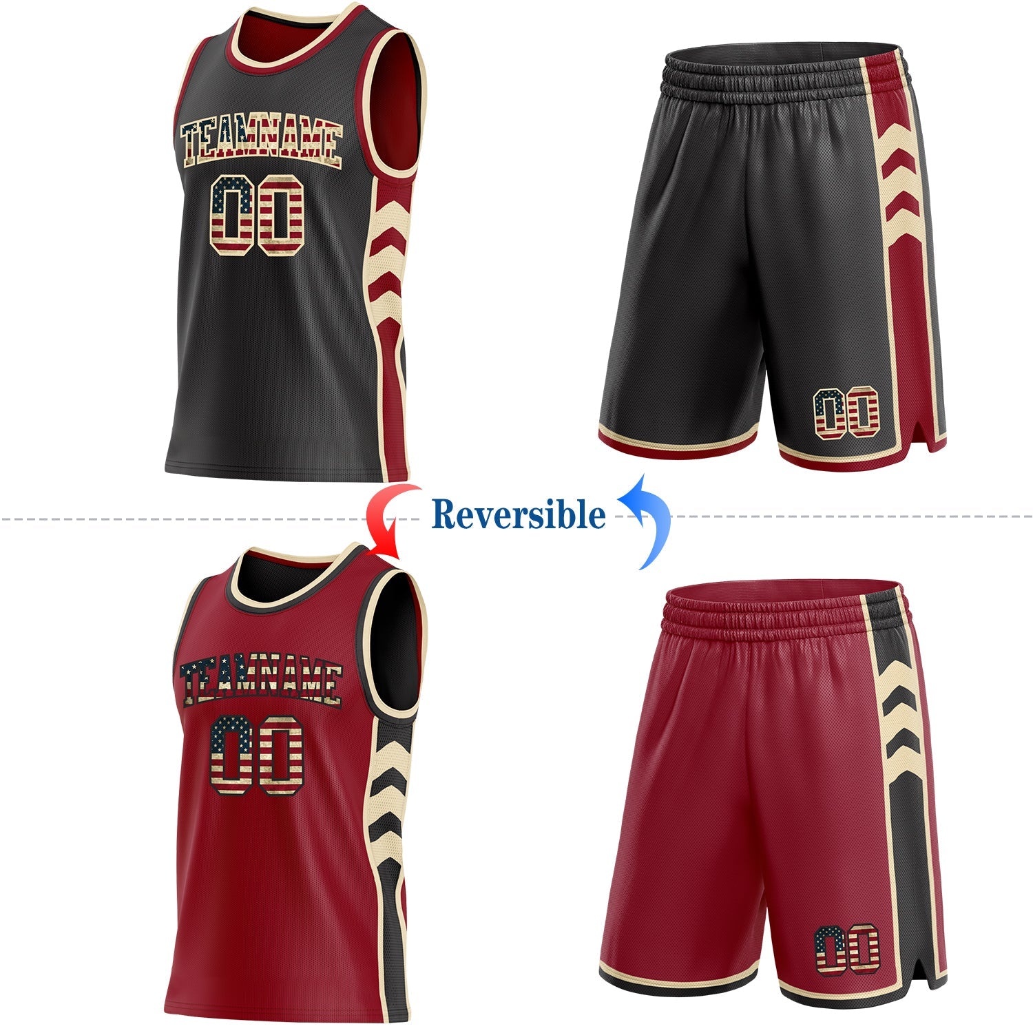 Custom Black Vintage USA Flag Cream-Maroon Side Panel Geometric Chevron Reversible Double Side Sublimation Basketball Set Jersey view 2