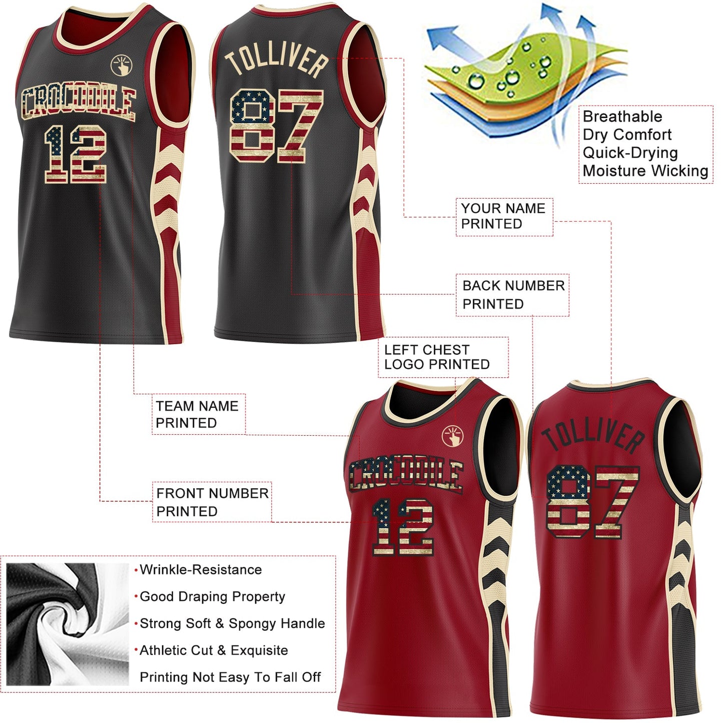 Custom Black Vintage USA Flag Cream-Maroon Side Panel Geometric Chevron Reversible Double Side Sublimation Basketball Set Jersey view 3