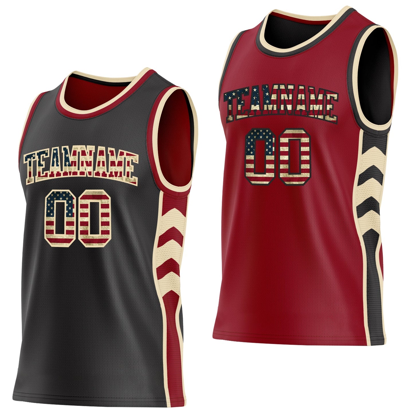 Custom Black Vintage USA Flag Cream-Maroon Side Panel Geometric Chevron Reversible Double Side Sublimation Basketball Set Jersey - Main View