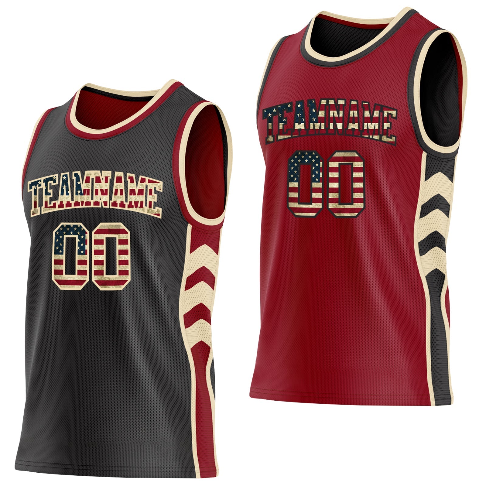 Custom Black Vintage USA Flag Cream-Maroon Side Panel Geometric Chevron Reversible Double Side Sublimation Basketball Set Jersey - Main View