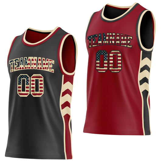 Custom Black Vintage USA Flag Cream-Maroon Side Panel Geometric Chevron Reversible Double Side Sublimation Basketball Set Jersey - Main View