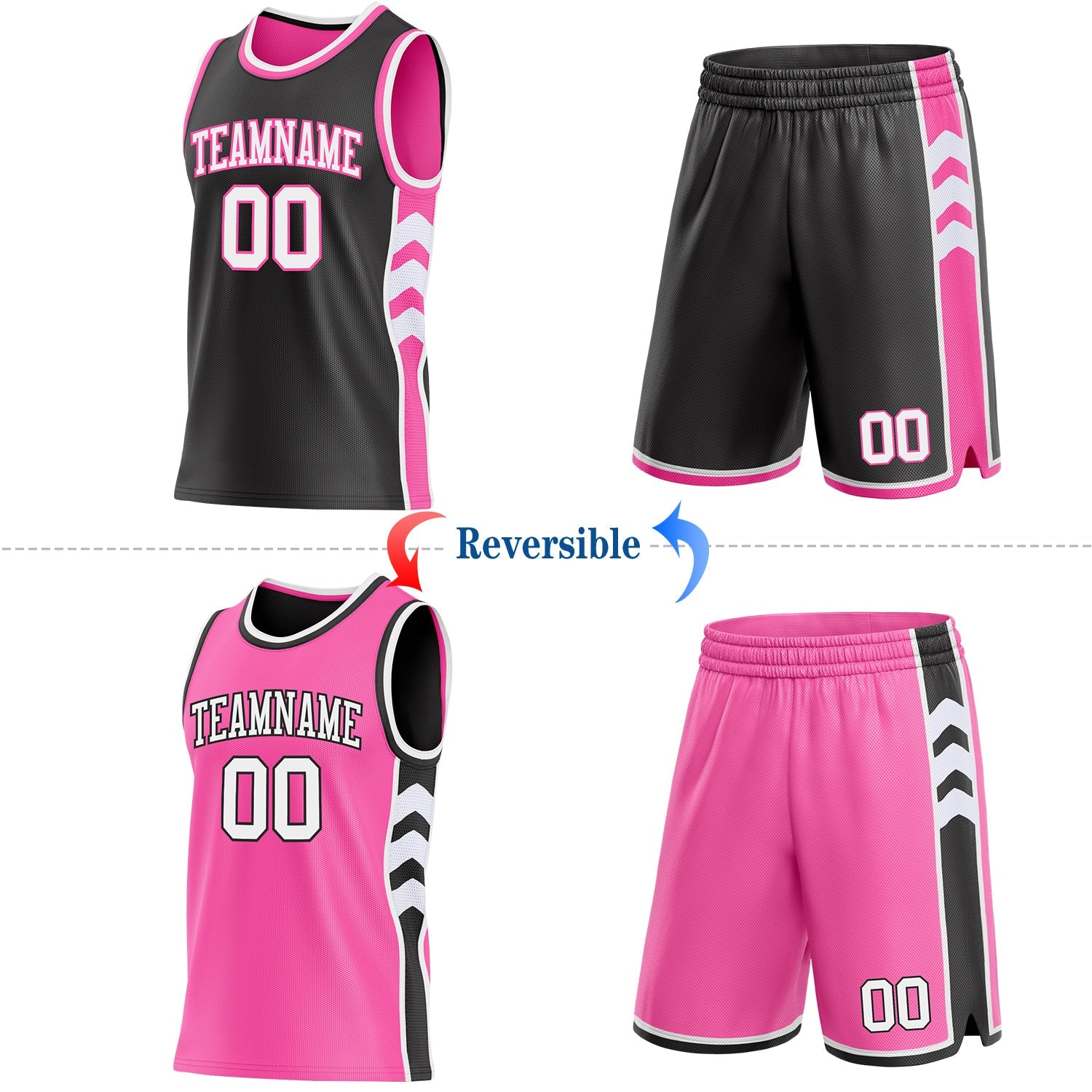 Custom Black White-Pink Side Panel Geometric Chevron Reversible Double Side Sublimation Basketball Set Jersey view 2