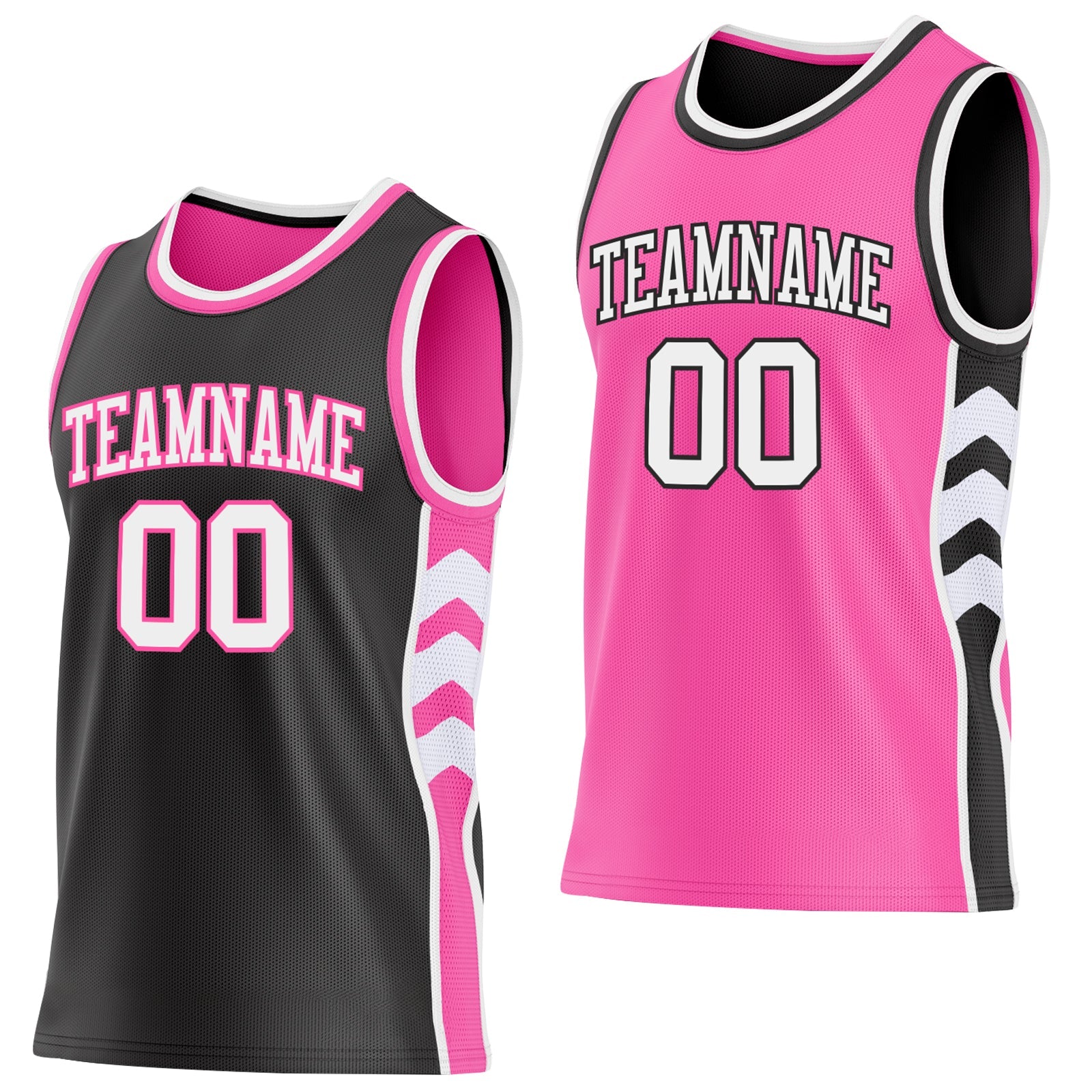 Custom Black White-Pink Side Panel Geometric Chevron Reversible Double Side Sublimation Basketball Set Jersey - Main View