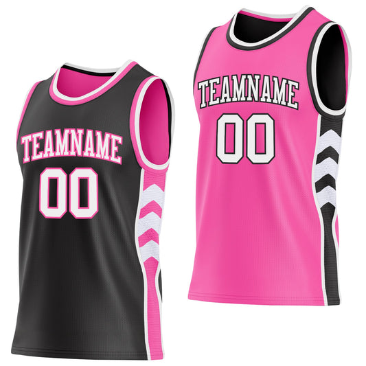 Custom Black White-Pink Side Panel Geometric Chevron Reversible Double Side Sublimation Basketball Set Jersey - Main View