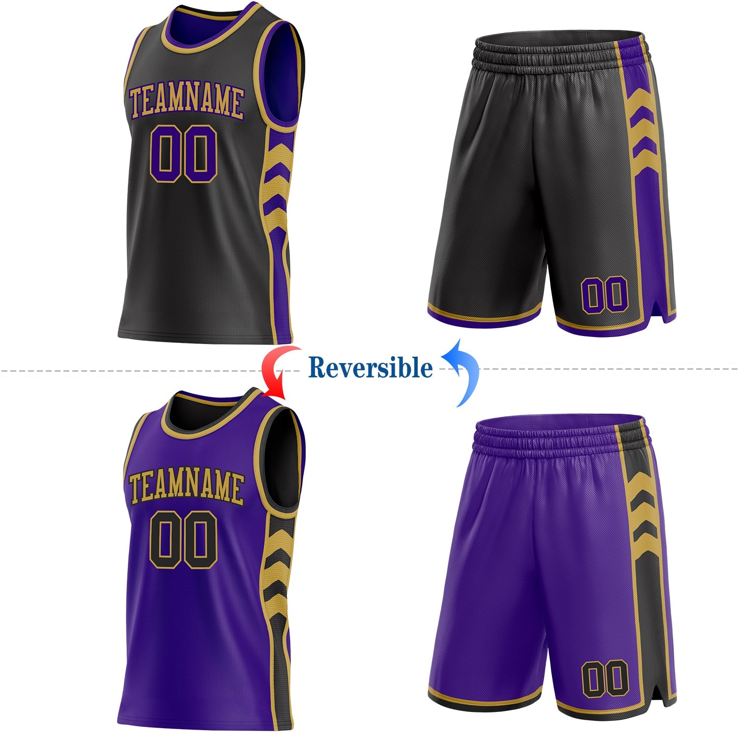 Custom Black Purple-Old Gold Side Panel Geometric Chevron Reversible Double Side Sublimation Basketball Set Jersey view 2