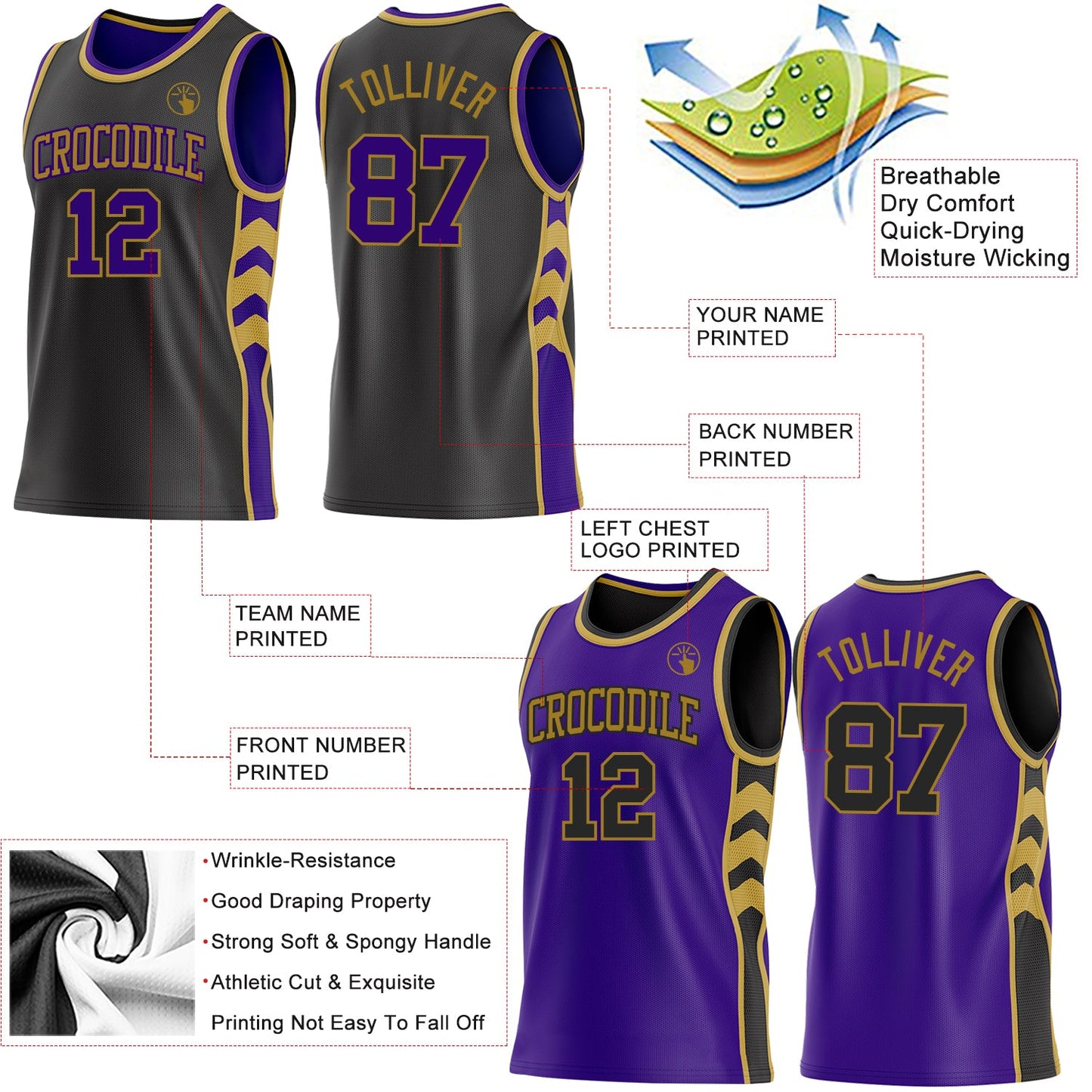 Custom Black Purple-Old Gold Side Panel Geometric Chevron Reversible Double Side Sublimation Basketball Set Jersey view 3