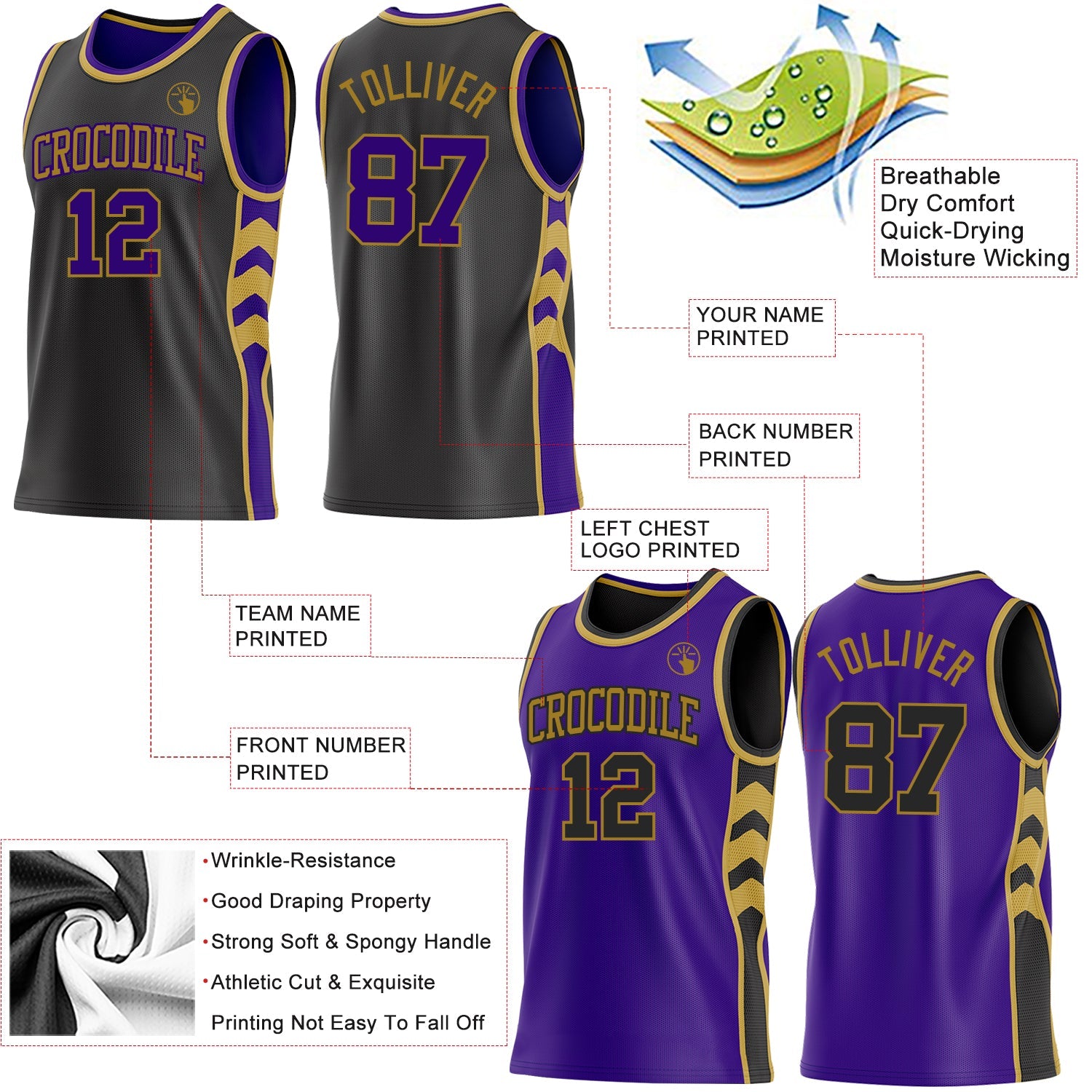 Custom Black Purple-Old Gold Side Panel Geometric Chevron Reversible Double Side Sublimation Basketball Set Jersey view 3