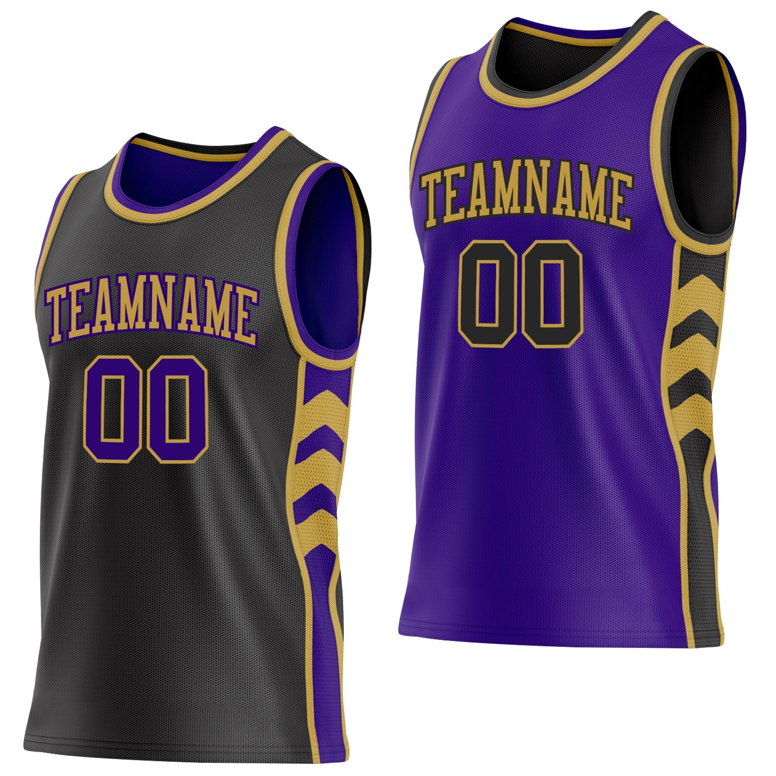 Custom Black Purple-Old Gold Side Panel Geometric Chevron Reversible Double Side Sublimation Basketball Set Jersey - Main View