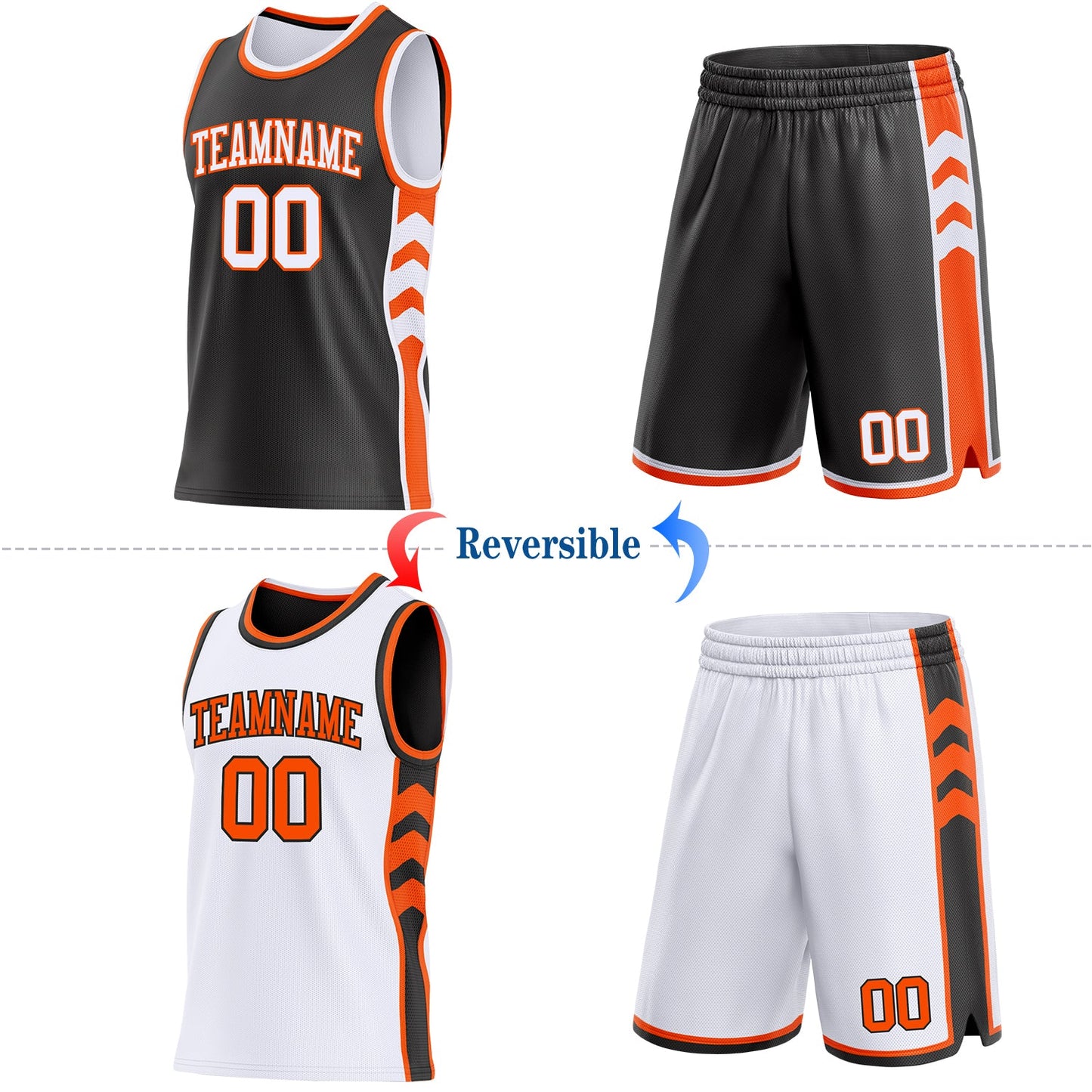 Custom Black White-Orange Side Panel Geometric Chevron Reversible Double Side Sublimation Basketball Set Jersey view 2