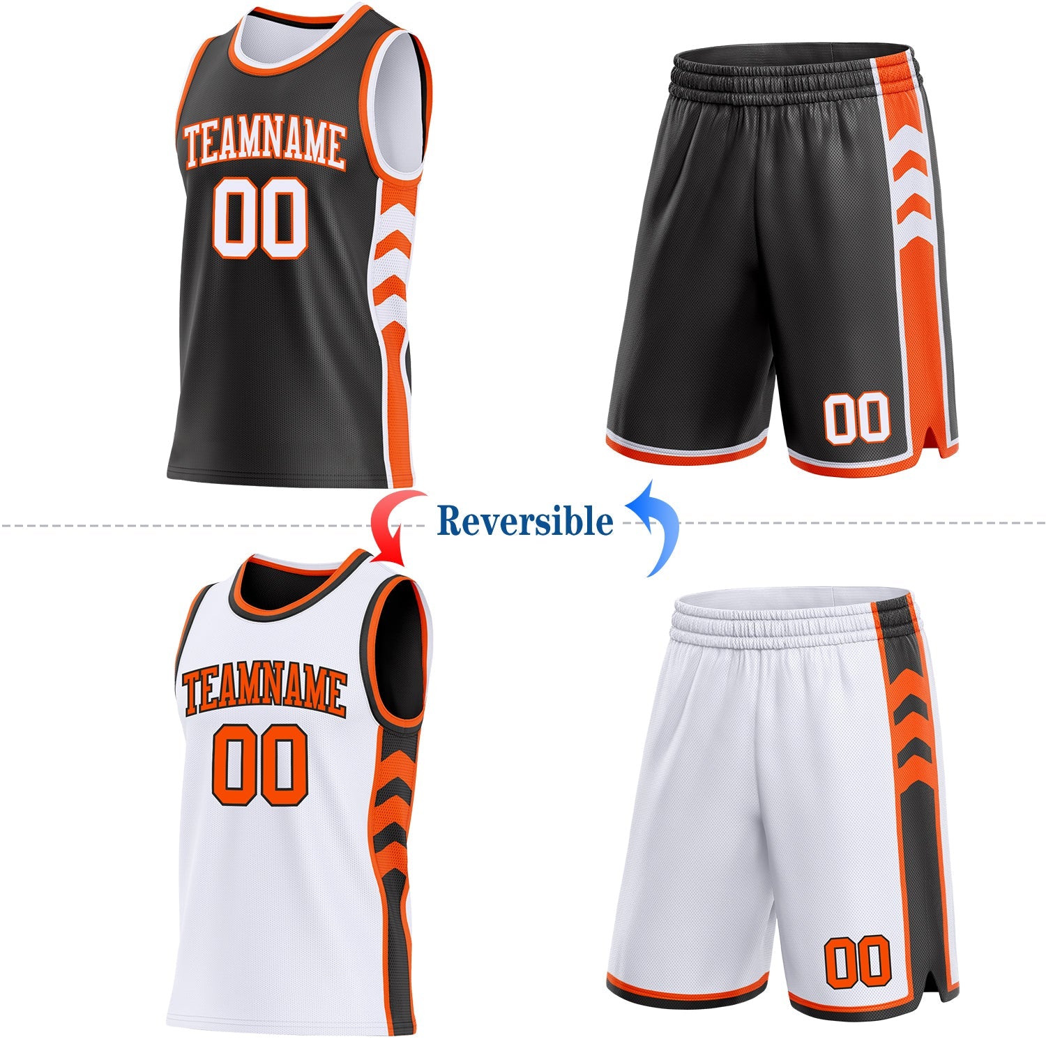 Custom Black White-Orange Side Panel Geometric Chevron Reversible Double Side Sublimation Basketball Set Jersey view 2
