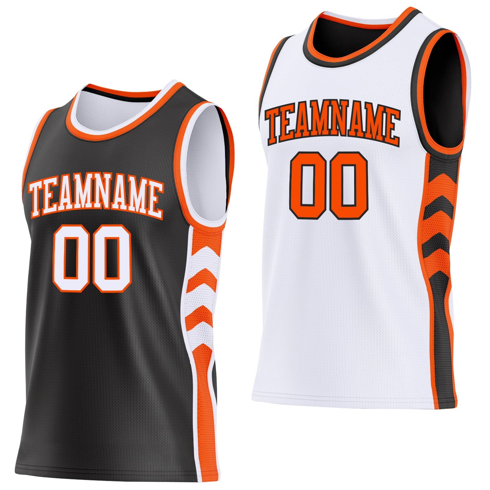 Custom Black White-Orange Side Panel Geometric Chevron Reversible Double Side Sublimation Basketball Set Jersey - Main View