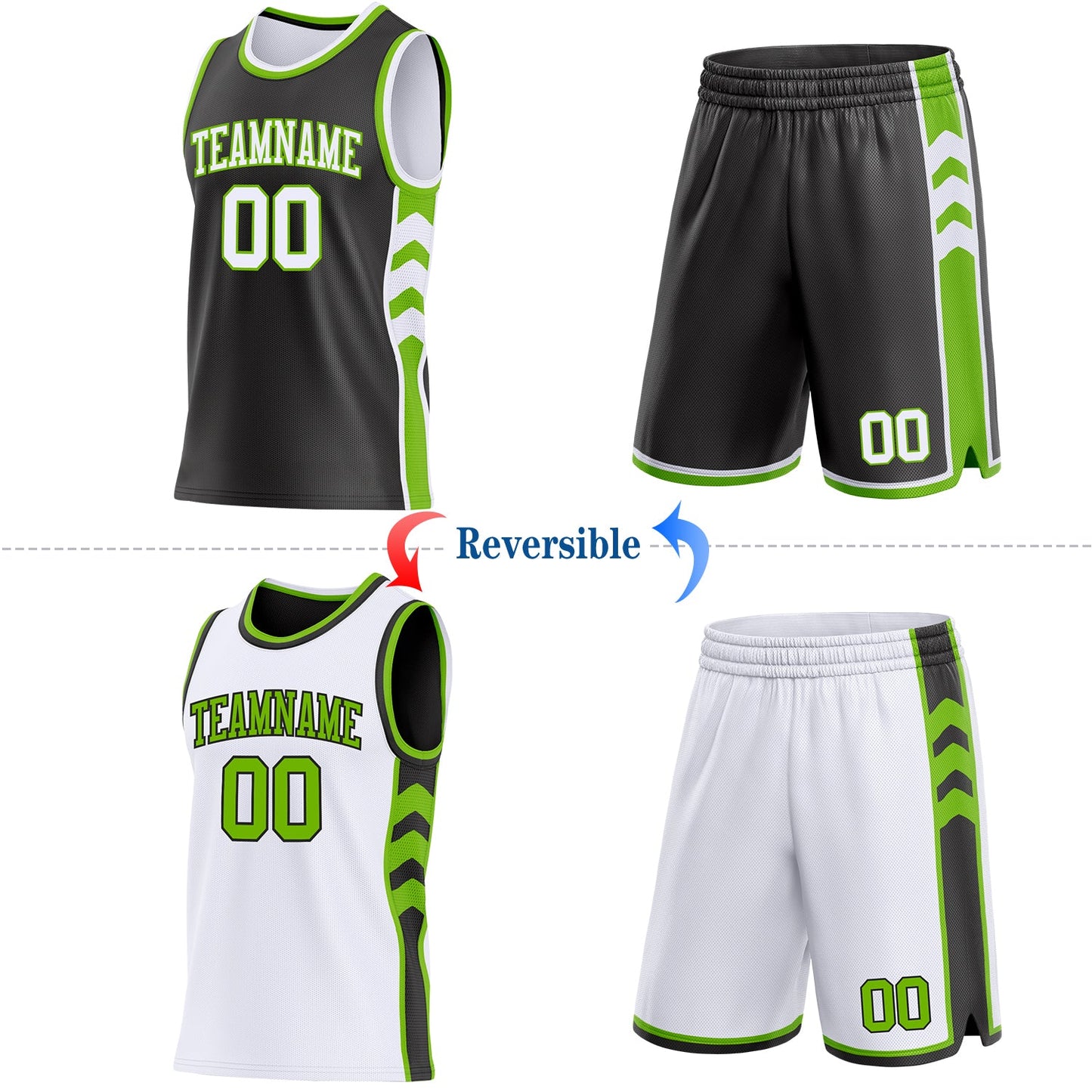 Custom Black White-Neon Green Side Panel Geometric Chevron Reversible Double Side Sublimation Basketball Set Jersey view 2