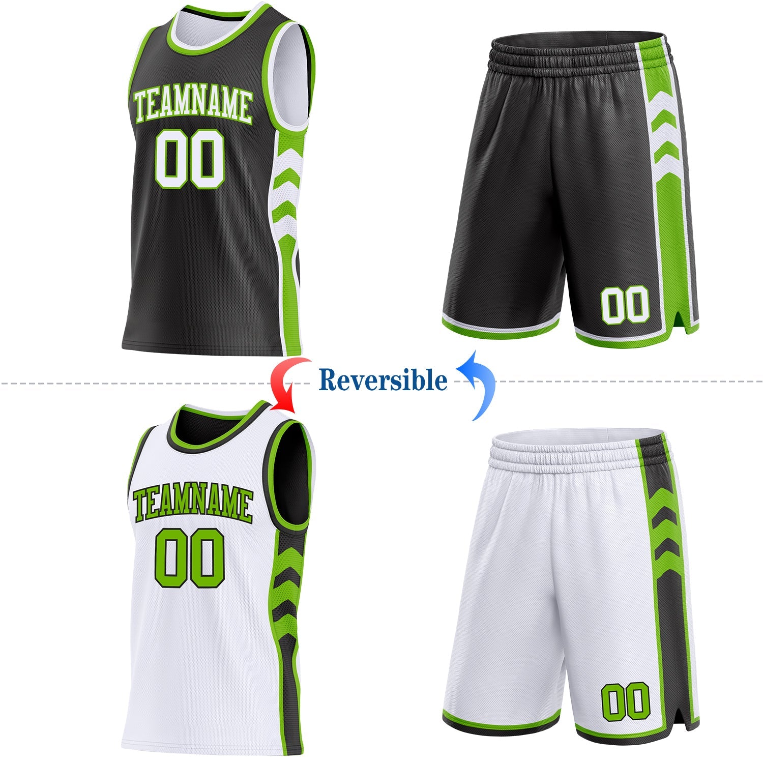 Custom Black White-Neon Green Side Panel Geometric Chevron Reversible Double Side Sublimation Basketball Set Jersey view 2