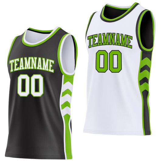 Custom Black White-Neon Green Side Panel Geometric Chevron Reversible Double Side Sublimation Basketball Set Jersey - Main View