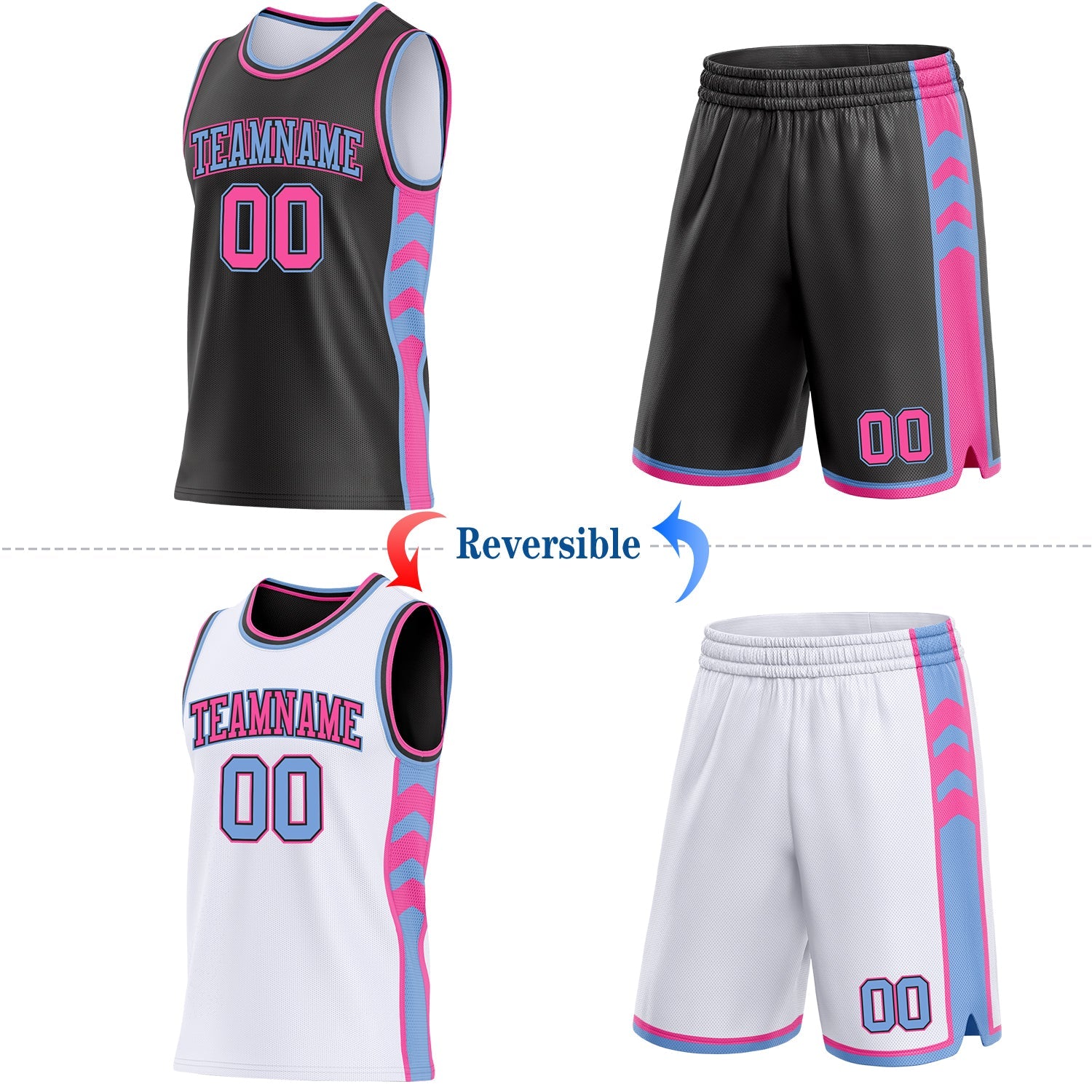 Custom Black Pink-Light Blue Side Panel Geometric Chevron Reversible Double Side Sublimation Basketball Set Jersey view 2