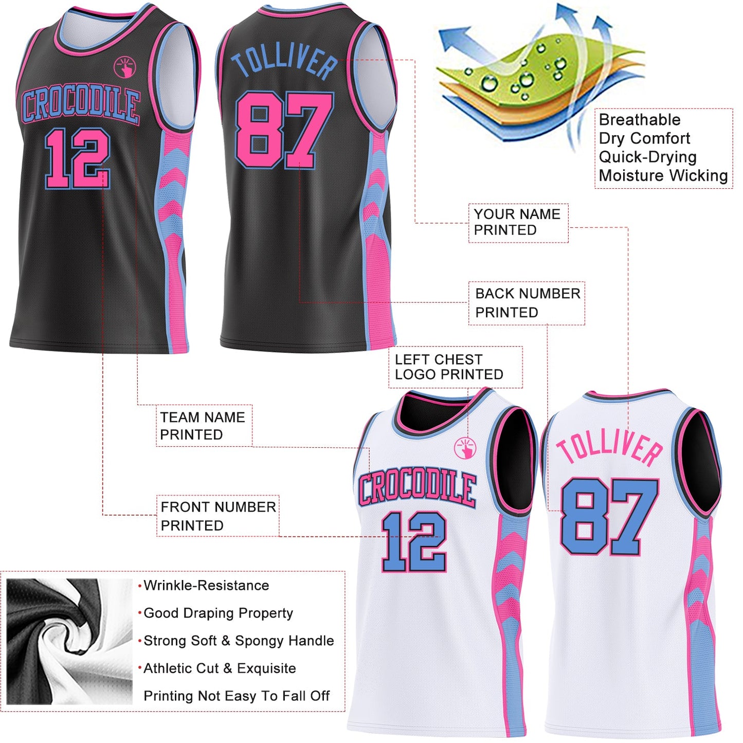 Custom Black Pink-Light Blue Side Panel Geometric Chevron Reversible Double Side Sublimation Basketball Set Jersey view 3
