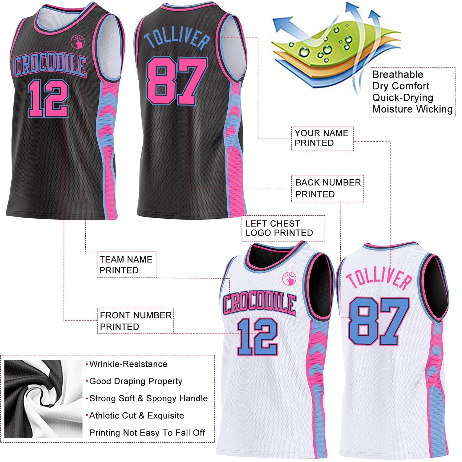 Custom Black Pink-Light Blue Side Panel Geometric Chevron Reversible Double Side Sublimation Basketball Set Jersey view 3