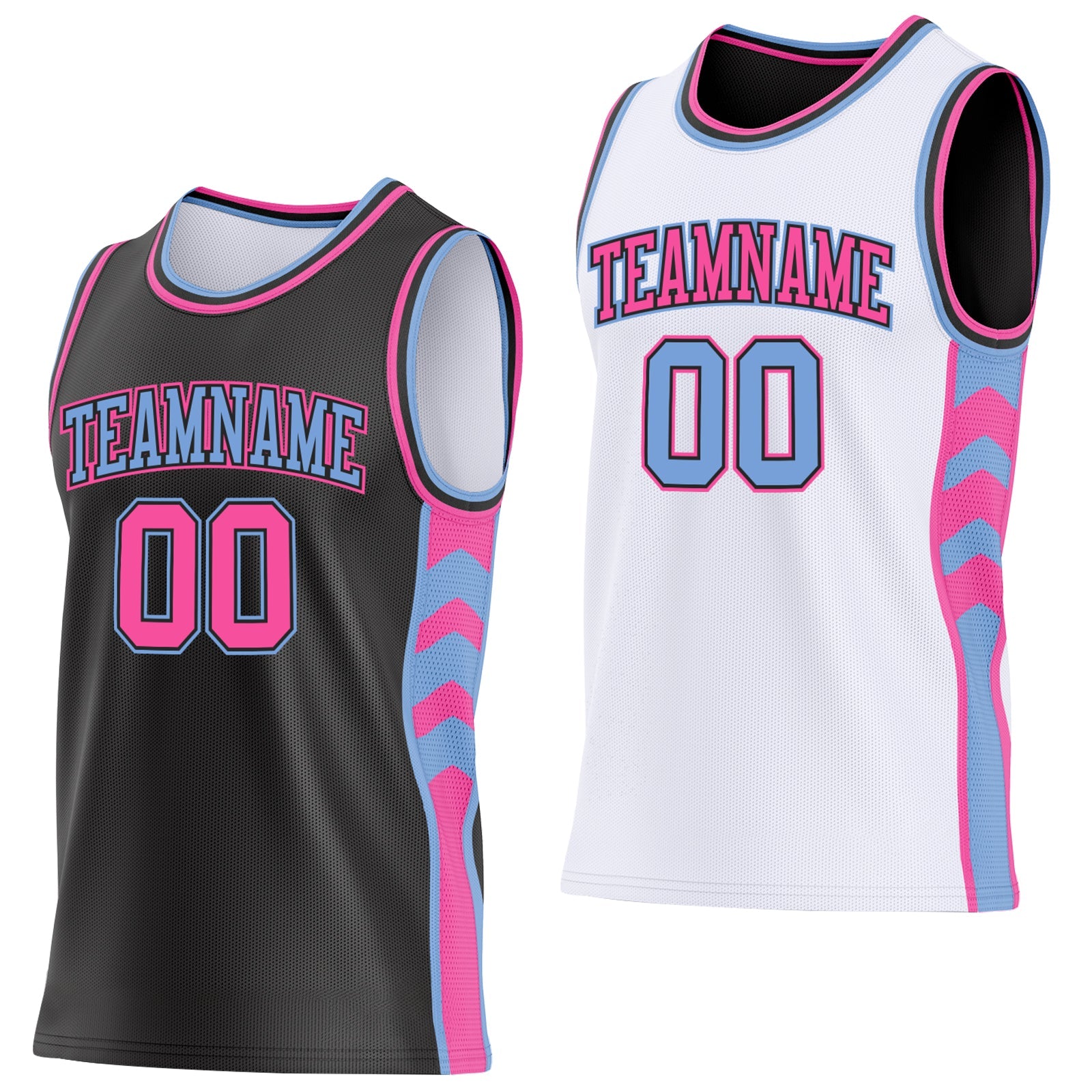 Custom Black Pink-Light Blue Side Panel Geometric Chevron Reversible Double Side Sublimation Basketball Set Jersey - Main View