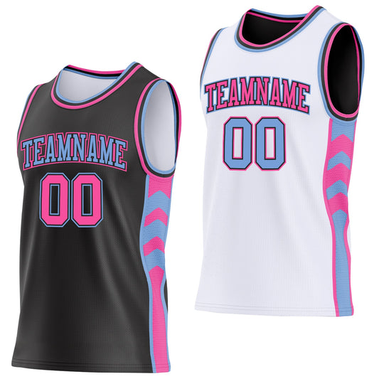 Custom Black Pink-Light Blue Side Panel Geometric Chevron Reversible Double Side Sublimation Basketball Set Jersey - Main View