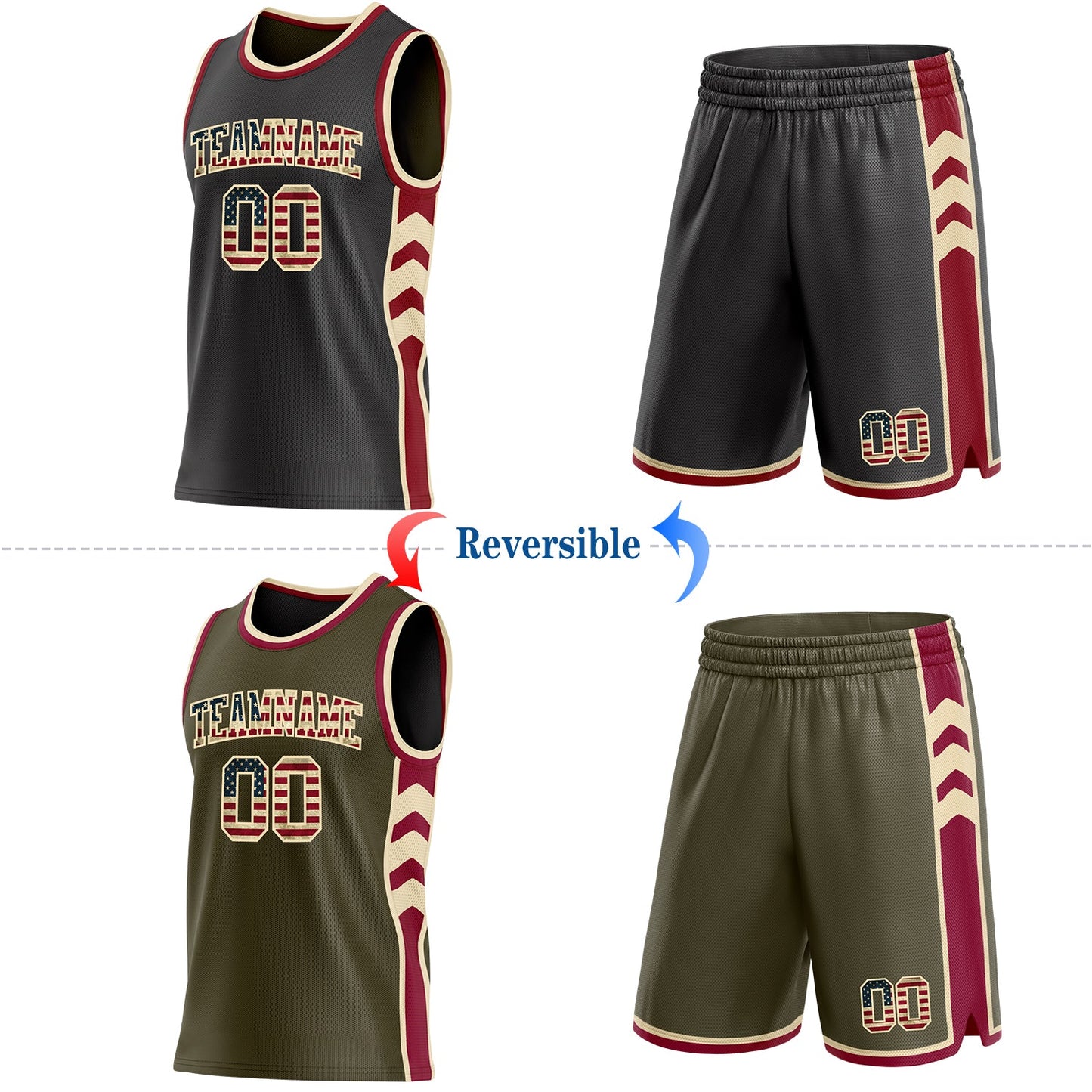 Custom Black(Olive) Vintage USA Flag Cream-Maroon Side Panel Geometric Chevron Reversible Double Side Sublimation Basketball Set Jersey view 2