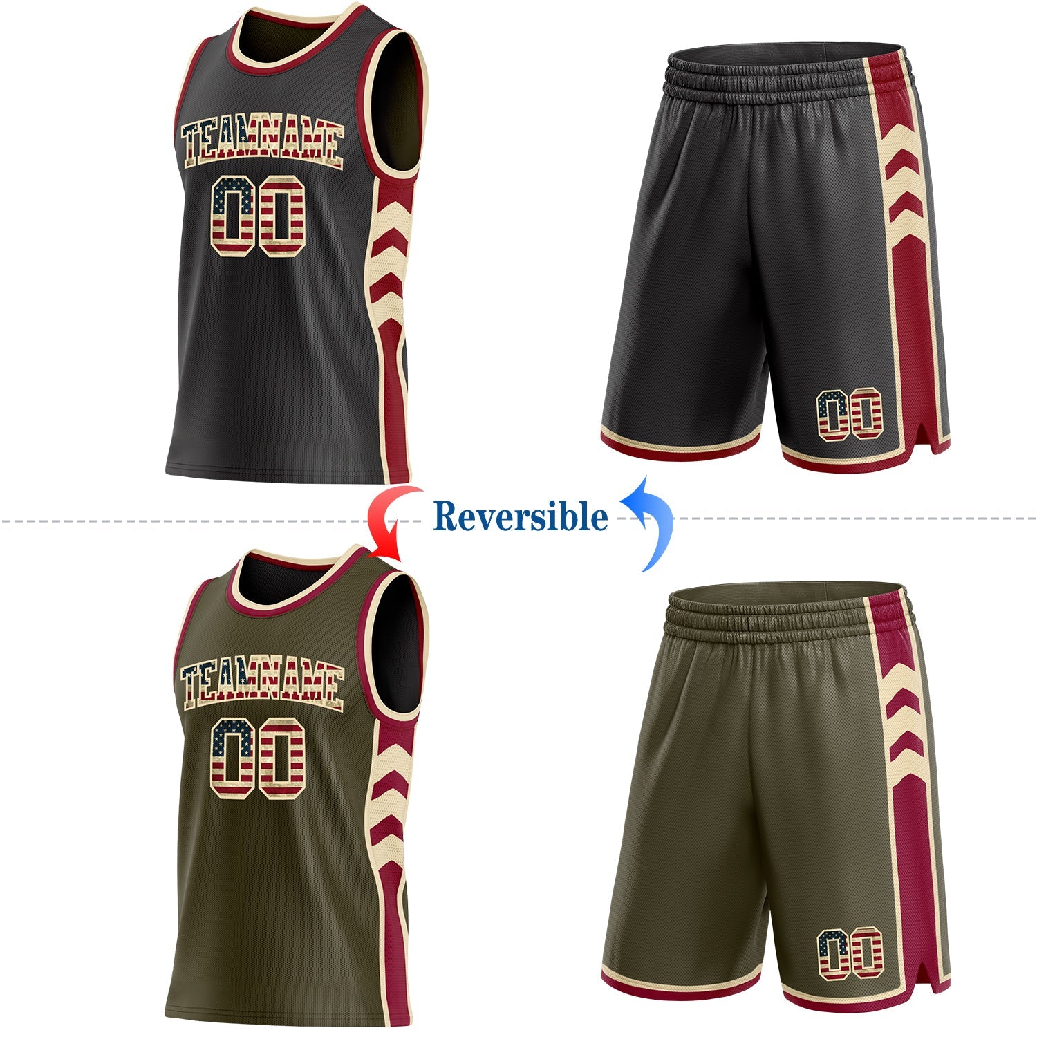 Custom Black(Olive) Vintage USA Flag Cream-Maroon Side Panel Geometric Chevron Reversible Double Side Sublimation Basketball Set Jersey view 2