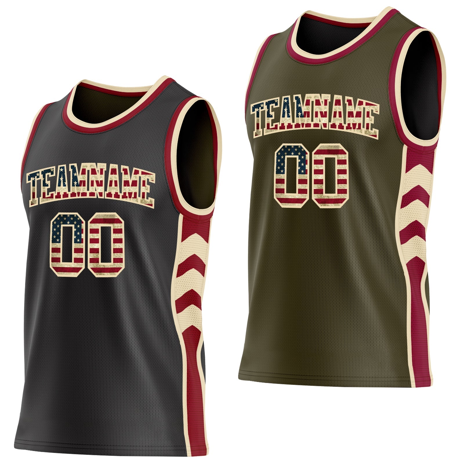 Custom Black(Olive) Vintage USA Flag Cream-Maroon Side Panel Geometric Chevron Reversible Double Side Sublimation Basketball Set Jersey - Main View
