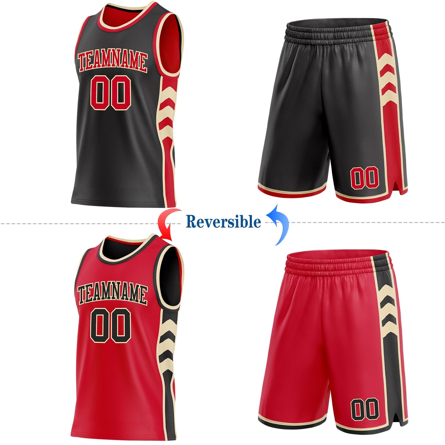 Custom Black Red-Cream Side Panel Geometric Chevron Reversible Double Side Sublimation Basketball Set Jersey view 2